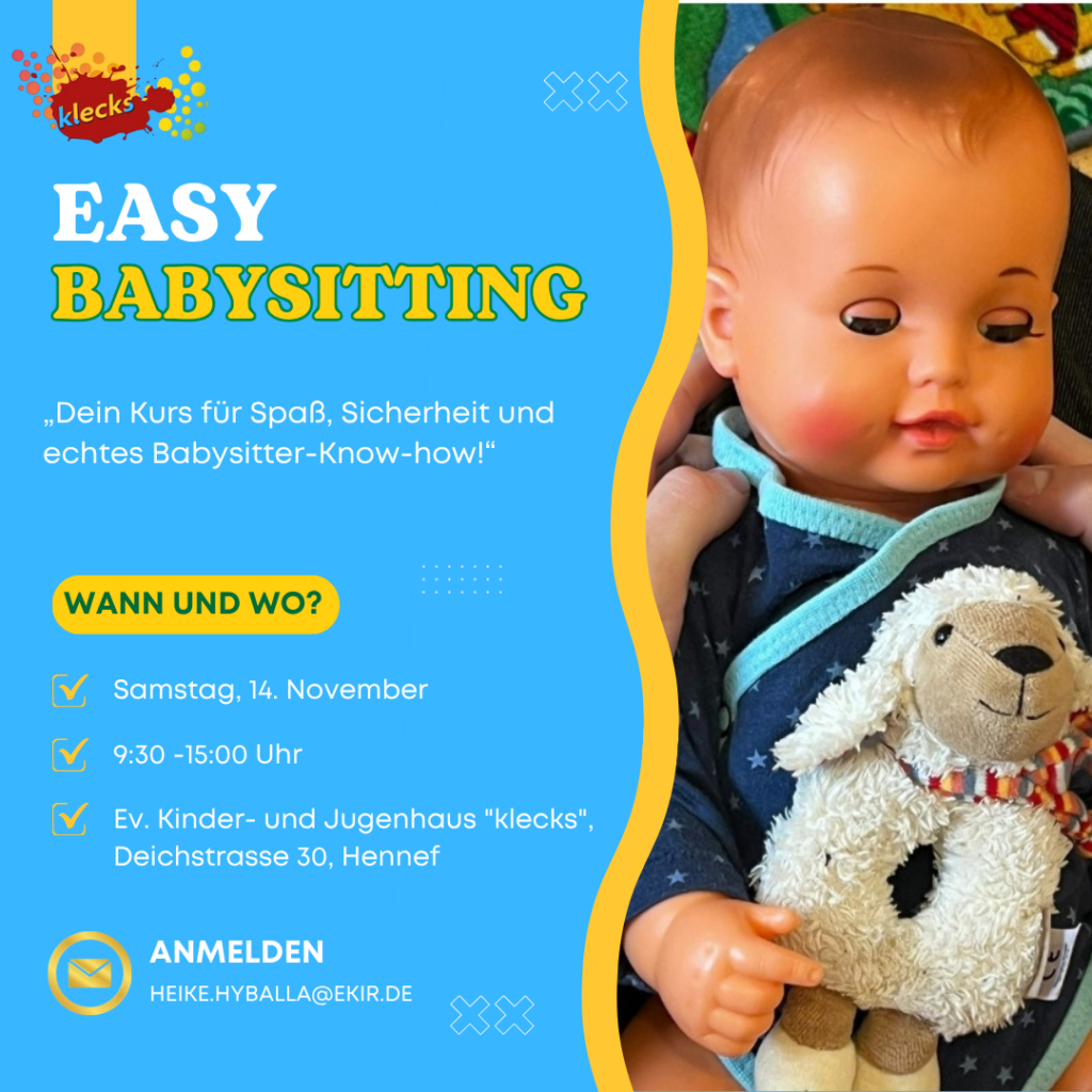 Das Plakat zeigt eine Einladung zu einem Babysitter Kurs am 14.11.2026 um 9:30Uhr-15Uhr an.